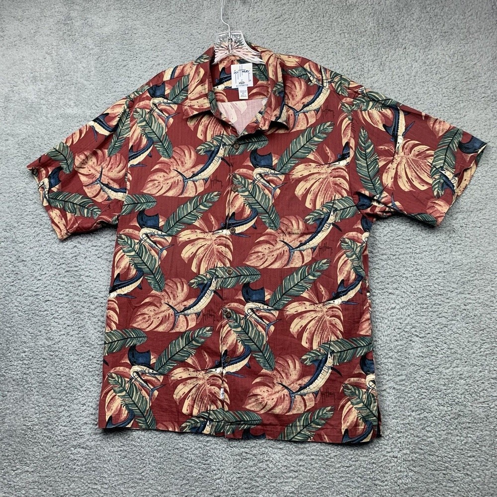 Guy Harvey Shirt Mens XL Hawaiian Tropical Fishing Camp Button Up Pocket